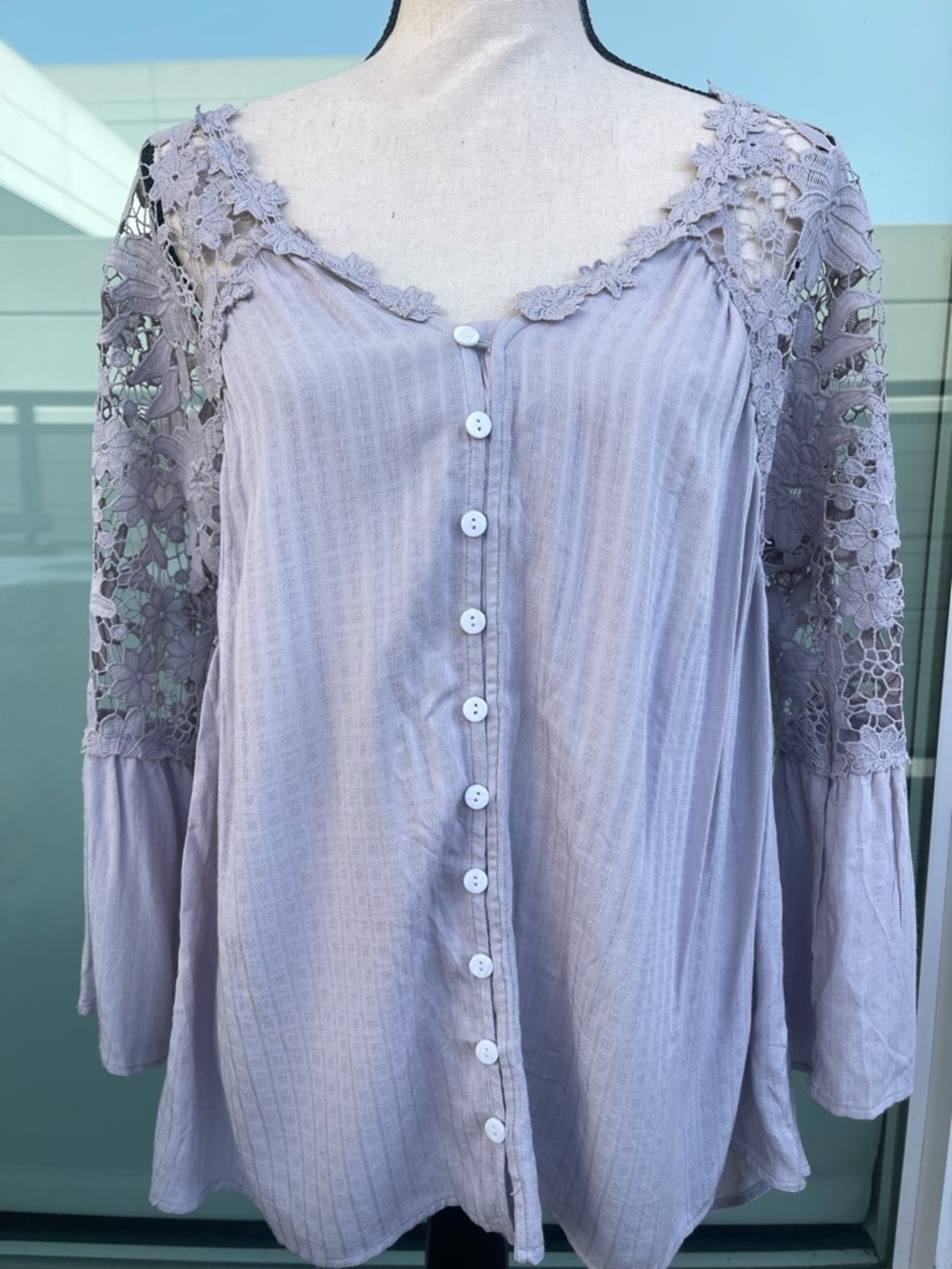 Crochet Flower Blouse Flare Sleeve Top Lavender Purple Medium - Picture 2 of 4